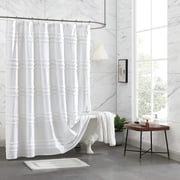 JIANYI Chenille Stripe Shower Curtain for Bathroom - 100% Cotton - 72" x 72" - White