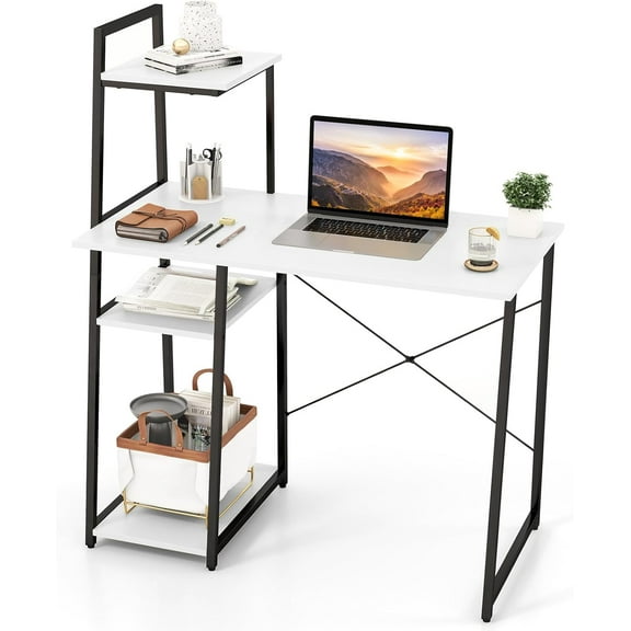 JIANYI Computer Desk w/3-Tier Ladder Bookshelf, Space Saving Home Office Writing Study Desk, Modern Metal Frame Workstation (White)