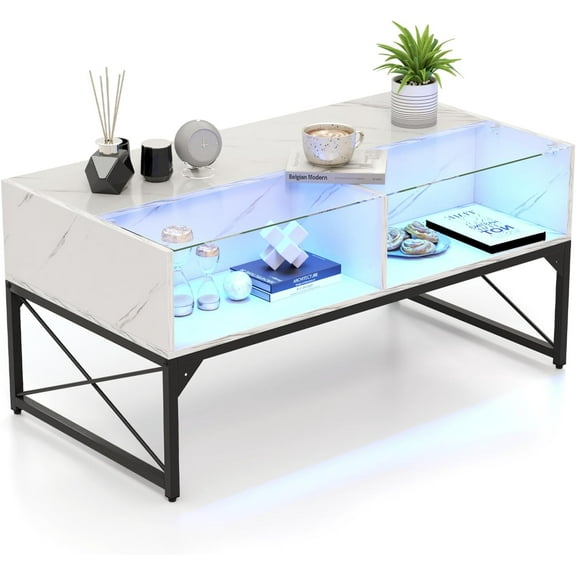 JIANYI LED Coffee Table, High Glossy Center Table w/ 4 Storage Cubes, Faux Marble & Tempered Glass Top, Adjustable Light, Remote Control, Modern Cocktail Table for Living Room (White)