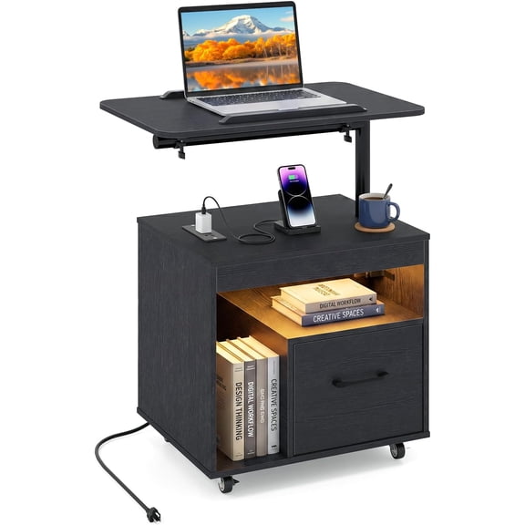 JIANYI LED Nightstand with Charging Station, Modern Bedside Table w/Flip Over & Rotatable Tabletop, Drawer & Storage Shelf, Rolling Sofa Side Table with Wheels for Bedroom(Black,1)