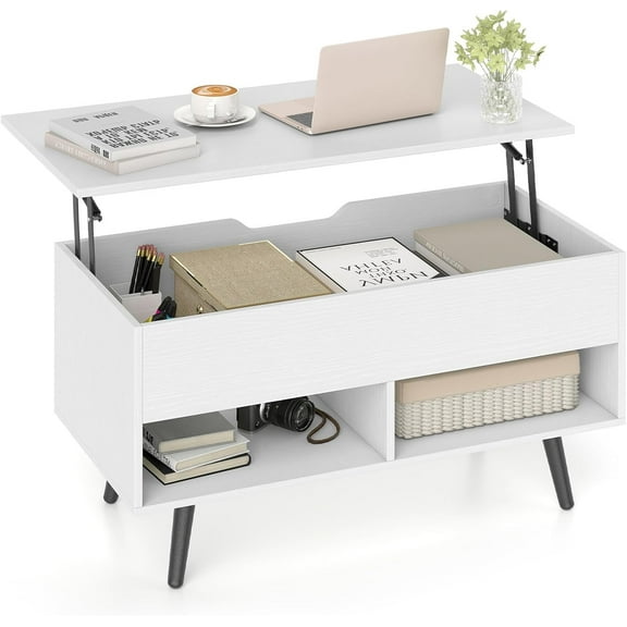 JIANYI Lift Top Coffee Table, Modern Cocktail Table w/Hidden Compartment & 2 Open Shelves, Flip Top Center Table, Wooden Pull up Coffee Table for Living Room, Reception Room, Office (White)