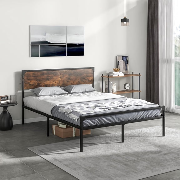 JIANYI Metal Platform Bed Frame with Headboard, Industrial Metal Platform Bed with 9 Support Legs, Heavy-Duty Mattress Foundation with Noise-Free Design, No Box Spring Needed, Rustic Brown (Queen)
