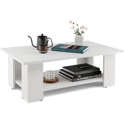 JIANYI Modern 2-Tier Coffee Table, Rectangular Center Cocktail Table with 5 Support Legs, Wooden Accent Living Room Furniture, Small Coffee Table, Easy Assembly White