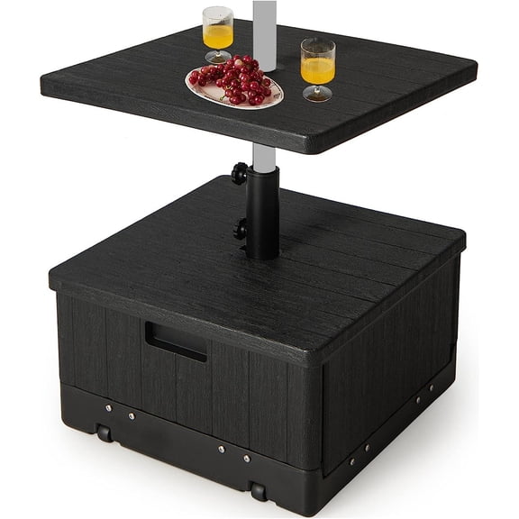 JIANYI Outdoor Side Table with Umbrella Stand, 175 lbs Fillable Weighted Bag, Adjustable Umbrella Table Tray, 2 Wheels and 2 Handles, Umbrella Base with Storage for Patio Deck Garden Poolside (Black)