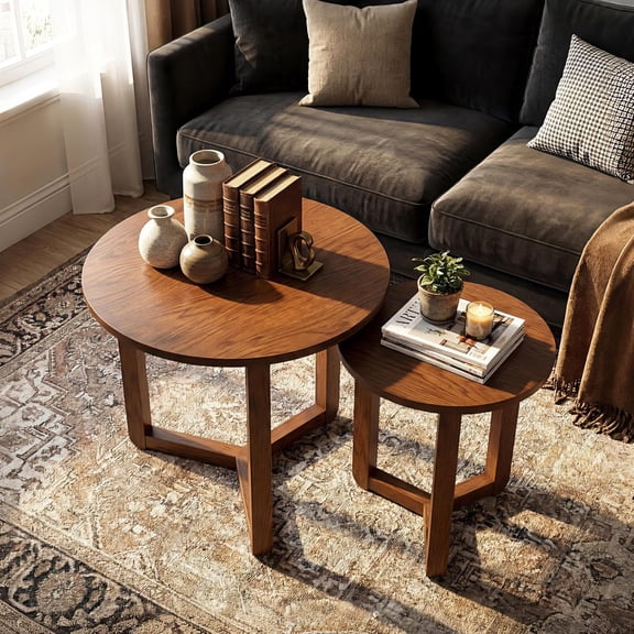 JIANYI Round Nesting Coffee Table Set of 2, Wood Nesting End Tables with Thickened Top & Solid Rubber Wood Legs, Farmhouse Sofa Side Table for Small Spaces Living Room Bedroom (Walnut)