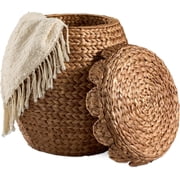 JIANYI Scalloped Multipurpose Hyacinth Storage Basket, Plant D cor, Handwoven Organizer Tote for Bedroom, Living Room, Nursey, w/Lid - Chestnut