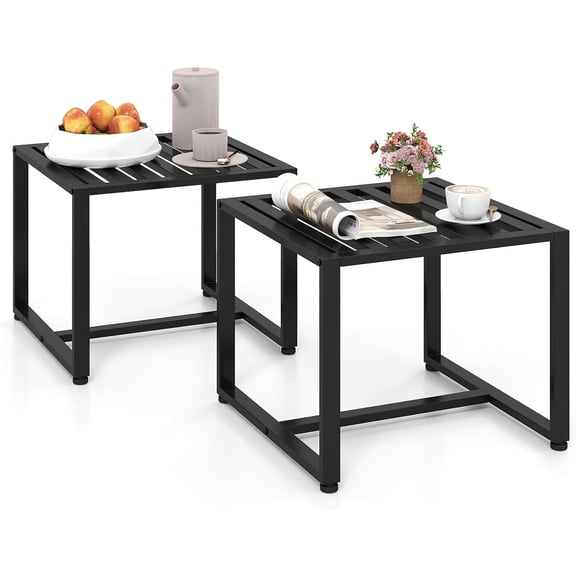 JIANYI Set of 2 Outdoor Side Tables, Square Sofa Side Tables w/Slatted Top, Metal Frame Indoor End Table for Small Spaces, Patio, Yard, Garden, Porch, Living Room (Black)