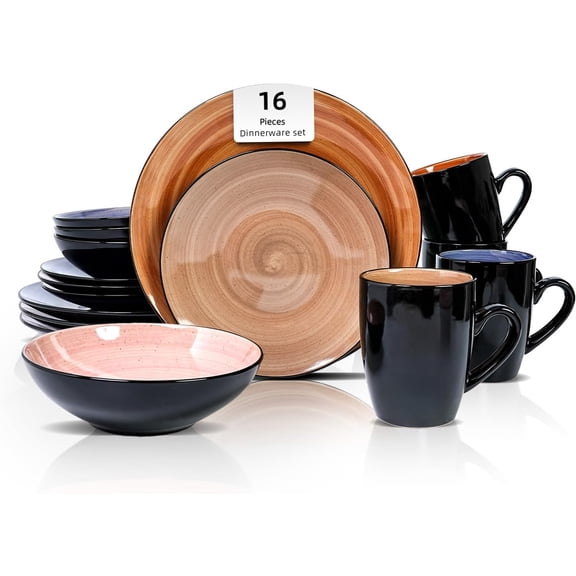 JIANYI Sonoma 16pc Stoneware Dinnerware Set, Outside Black + Inside Hand Painting Combi Colors of Cobalt, Mocha, Rose and Spice with Speckle