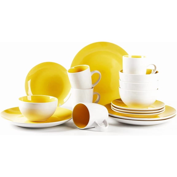 JIANYI Stoneware Coupe 16pc Dinnerware Set, Outside White + Inside Yellow