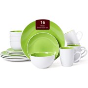 JIANYI Stoneware Coupe Shape 16pc Dinnerware Set, Outside White + Inside Bamboo Color