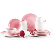 JIANYI Stoneware Coupe Shape 16pc Dinnerware Set, Outside White + Inside Pink