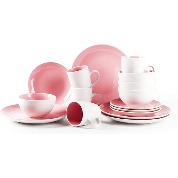 JIANYI Stoneware Coupe Shape 16pc Dinnerware Set, Outside White + Inside Pink