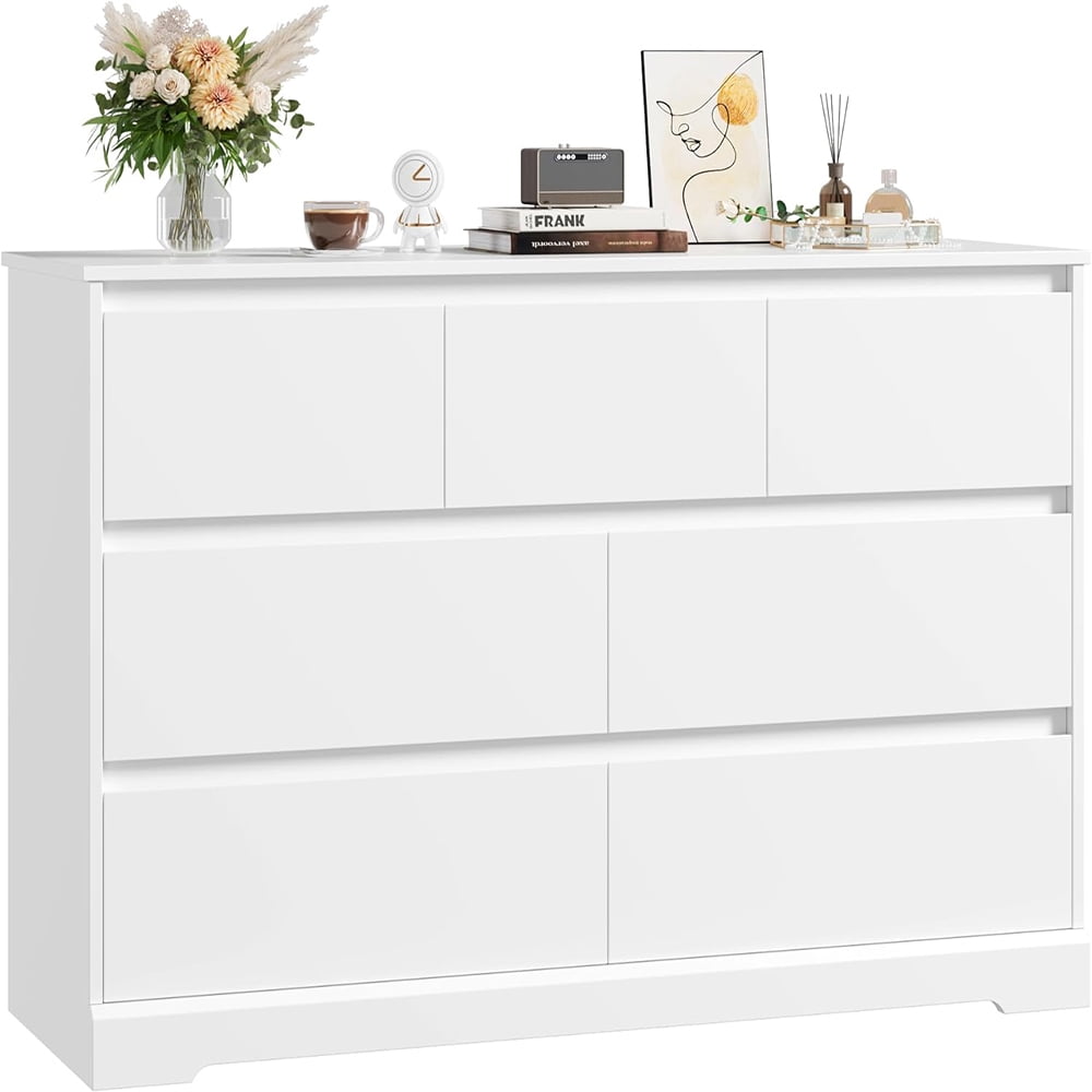 JIAOBAI Modern White Dresser, Tall Chest of Drawers with Storage, 7 Drawer Double Dresser with ...