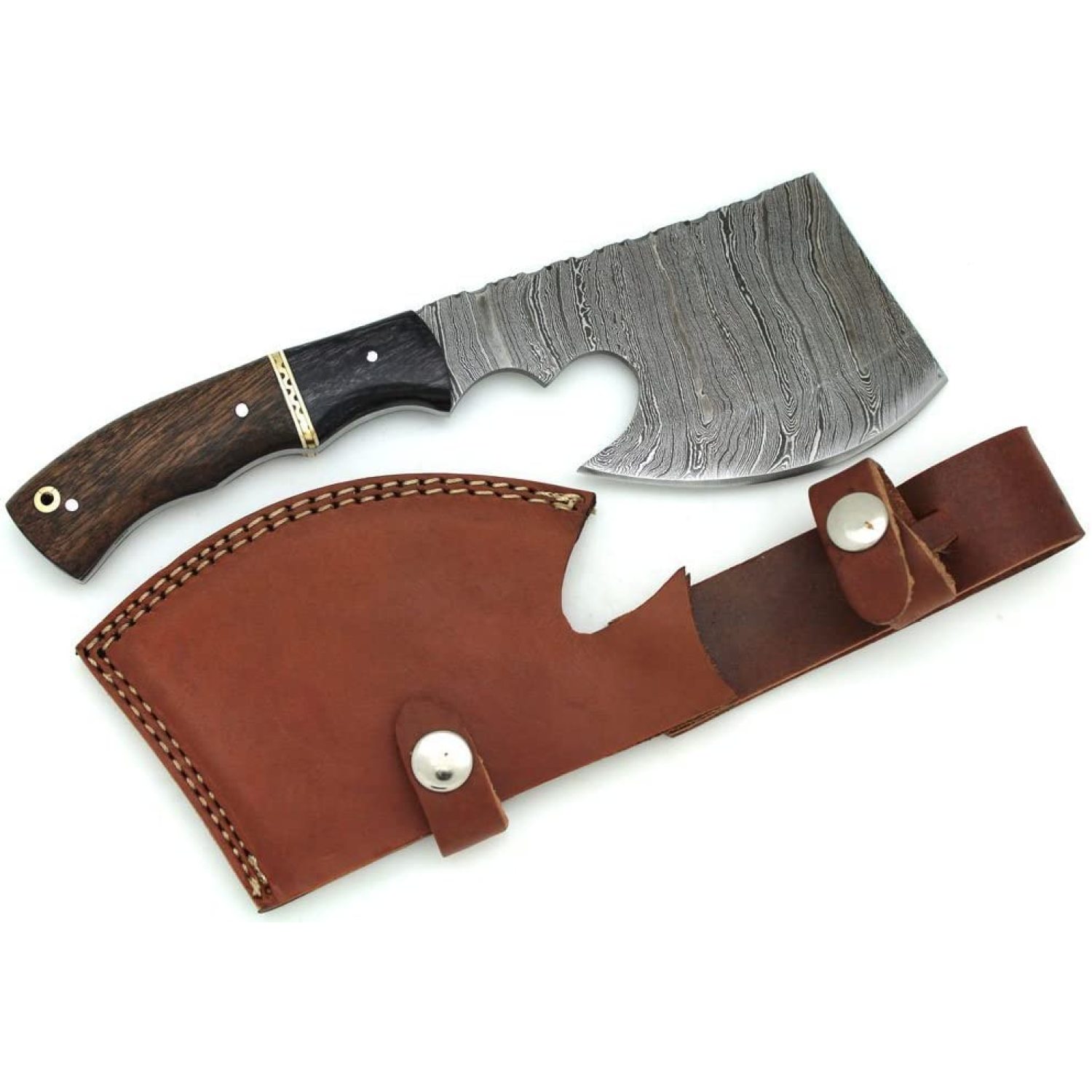 JIARUI Damascus Steel Collection Two Tone Wood Handle Hatchet w/Leather