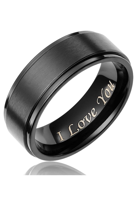 Mens Wedding Band in Titanium 8MM Black Plated Ring - Engraved I Love You