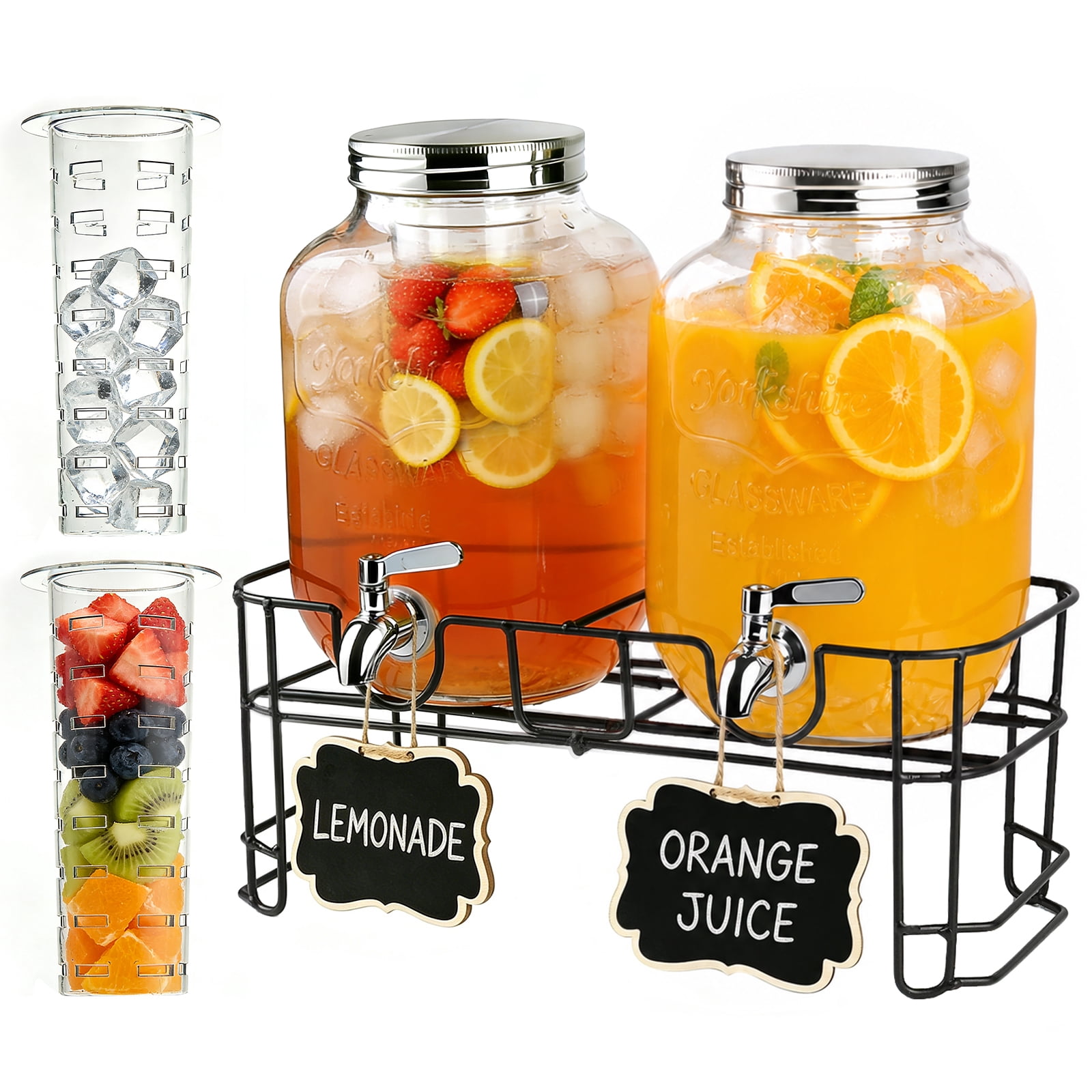 GVUHR 1 Gallon Glass Drink Dispenser with Spigot and Stand, Beverage Dispenser for Party 2 Pack