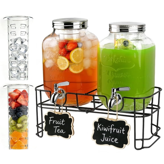 GVUHR Glass 1 Gallon with Fruit Infuser and Stand Beverage Dispenser 2 Pack