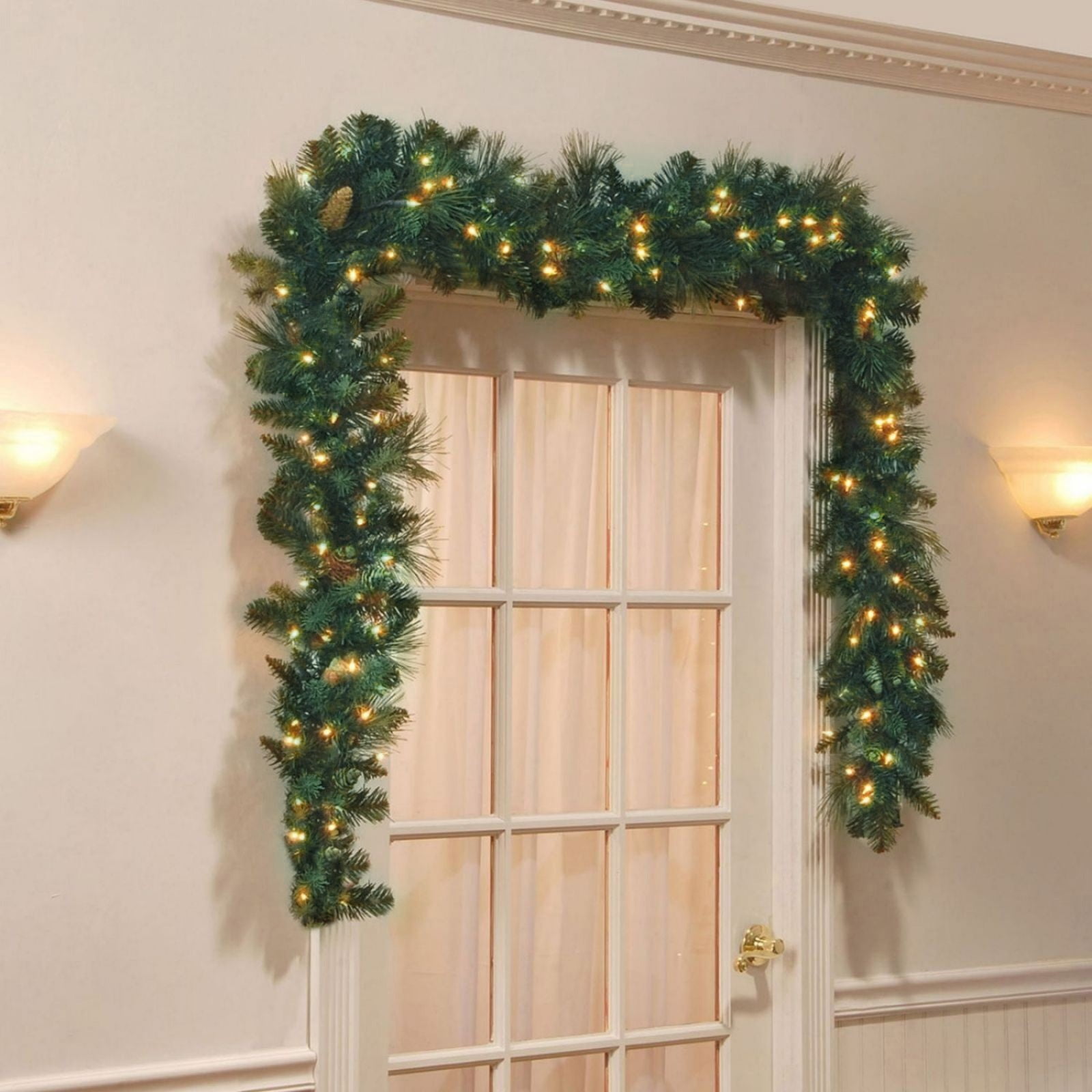 9-Foot Pre-Lit Artificial Pine Garland with Pine Cones and LED Lights