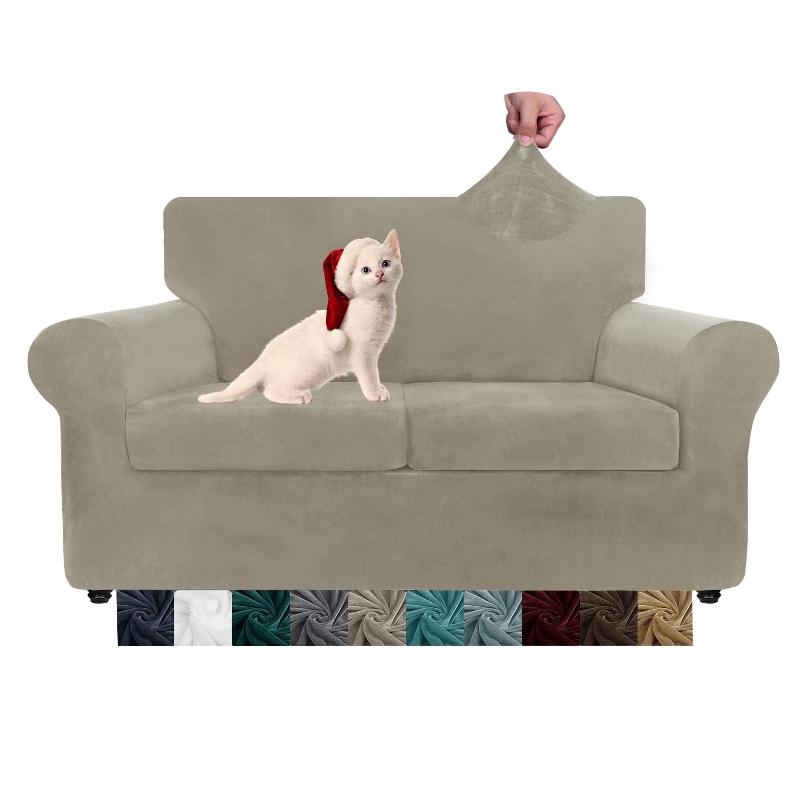 JIATER 3-Piece Sofa Cover Stretch Couch Cover Velvet Sofa Slipcover Furniture Protector with 2 Cushion Covers,Loveseat Khaki
