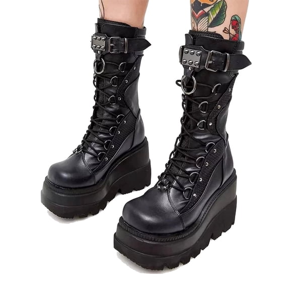 JIAXHZAI Platform Mid Calf Boots for Women's, Gothic Lace Up Combat Boots PU Leather (8.5, Black)