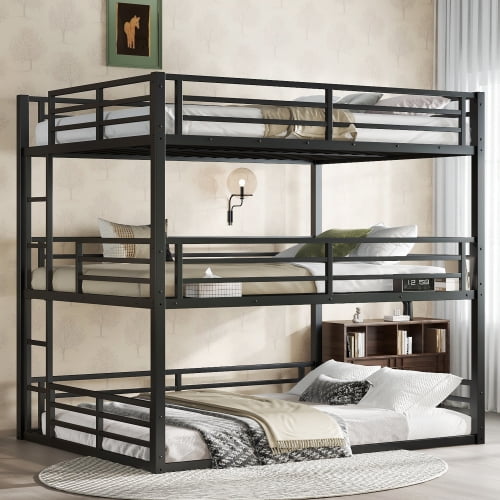 JIAXIA 1500LBS Triple Bunk Bed, Bunk Bed Queen over Full XL over Queen, Triple Bunk with 2 Ladders, Metal Bed Frame with Guardrails for Bedroom, No Box Spring Needed, Black