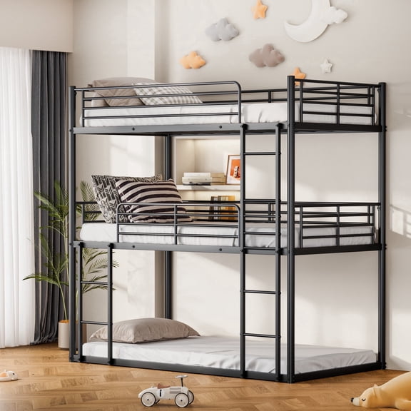 JIAXIA 1500LBS Triple Bunk Bed, Bunk Bed Twin Over Twin Over Twin, Triple Bunk with 2 Ladders, Metal Bed Frame with Guardrails for Bedroom, No Box Spring Needed, Black
