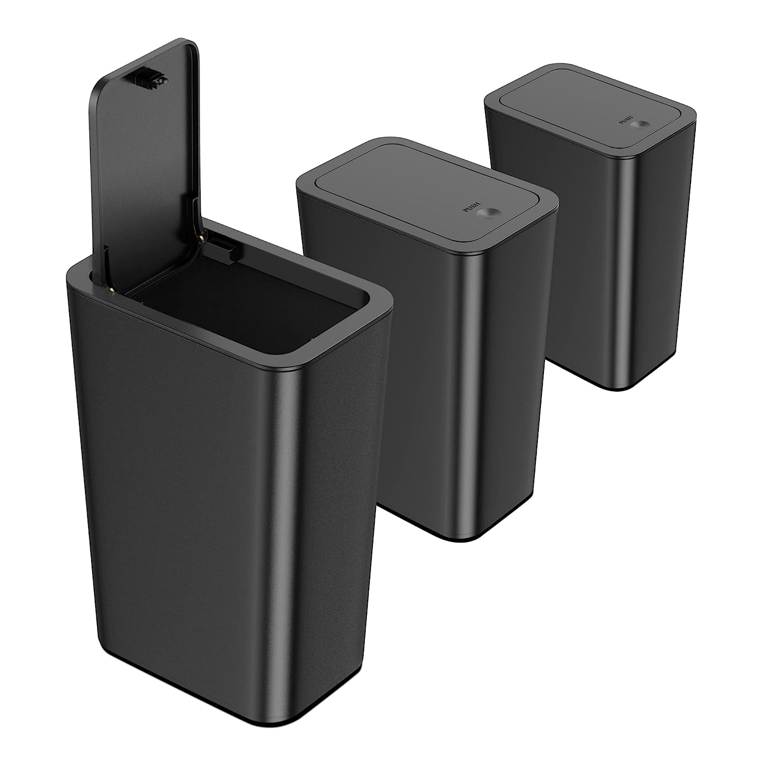 Compact Black Rectangular Trash Can with Pop-Up Lid, 3-Pack