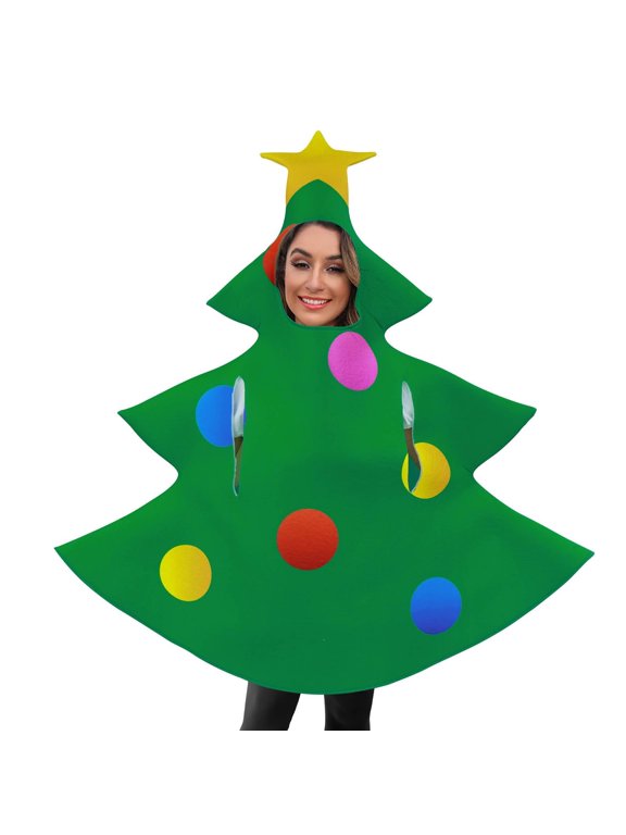 Adult Christmas Tree Costume One Piece Tunic with Star Top Decorative Cutouts Head and Arm Openings Holiday Party Cosplay Outfit