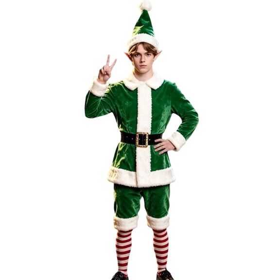 JIAYUE Adult Costume Set Velvet Christmas Elf Suit Fuzzy Trim Jacket Knee Pants with Belt Elf Hat Striped Socks Christmas Holiday Fancy Dress