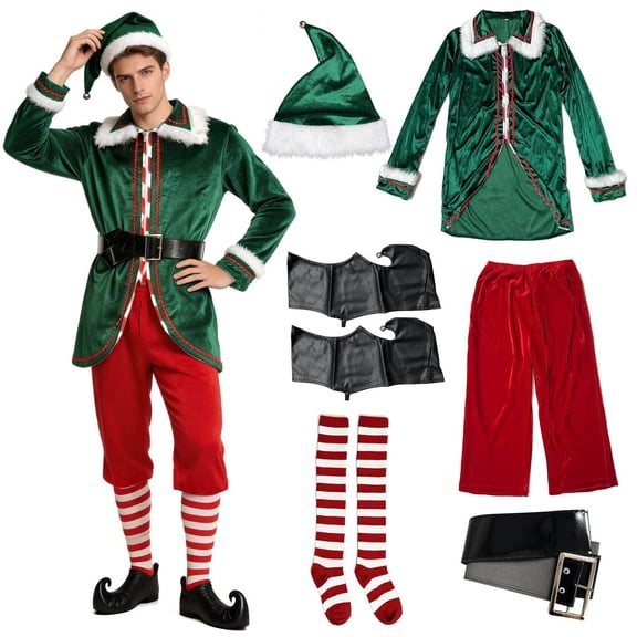JIAYUE Adult Elf Christmas Outfit Long Sleeve Jacket With Cropped Pants Belt Includes Elf Hat Striped Socks Elf Shoes For Party Stage Performance