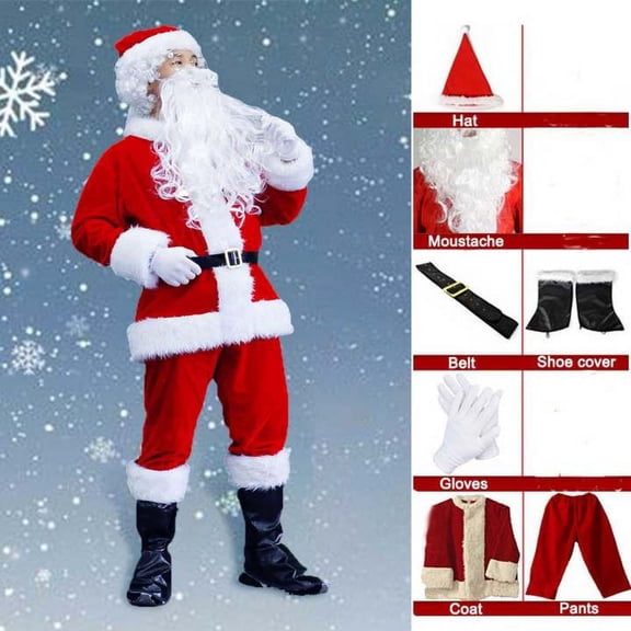 JIAYUE Adult Santa Claus 7-Piece Outfit Velvet Full Santa Suit With Fuzzy Details Complete Accessory For Christmas Role Play Cosplay