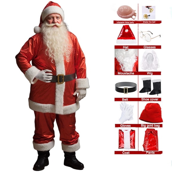 JIAYUE Adult Santa Claus 12-Piece Outfit Suit With Fuzzy Edge Complete Santa Accessory Pack For Christmas Role Play Cosplay Party