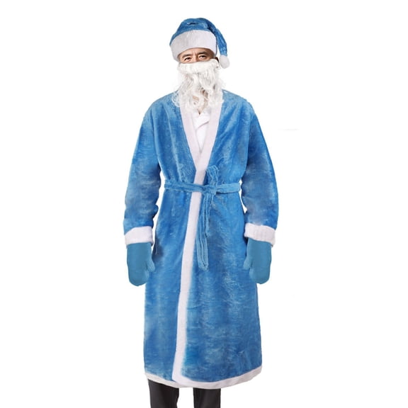 JIAYUE Adult Santa Cosplay Outfit Long Plush Wrap Robe with Belt Fuzzy Edge Santa Hat Beard Gloves for Christmas Themed Party