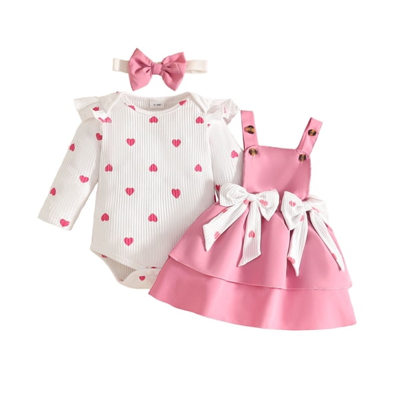 JIAYUE Baby Girls 3 Piece Outfit Ruffle Shoulder Graphic Long Sleeve Bodysuit Bow Decor Straps Dress And Headband For Daily Wear,3-6 Months