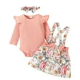 thumbnail image 1 of JIAYUE Baby Girls Clothing Set Floral Print Long Sleeve Round Neck Bow Detail Ruffle Trim Romper With Suspenders Dress And Headband 3PCS Toddler Comfort Outfit Sets, 1 of 6