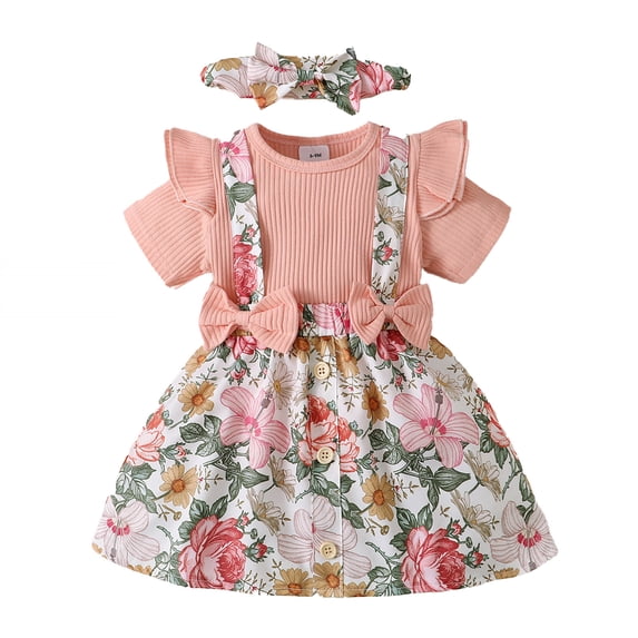JIAYUE Baby Girls Clothing Set Floral Print Long Sleeve Round Neck Bow Detail Ruffle Trim Romper With Suspenders Dress And Headband 3PCS Toddler Comfort Outfit Sets