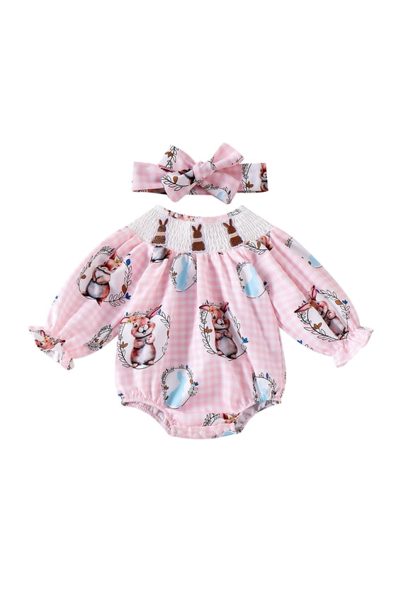 Baby Girls Jumpsuit O-Neck Long Sleeve Hem Pleated Newborn Ruffles Cute Headband Bunny Pattern Print Leisure Toddler Kids Bodysuit