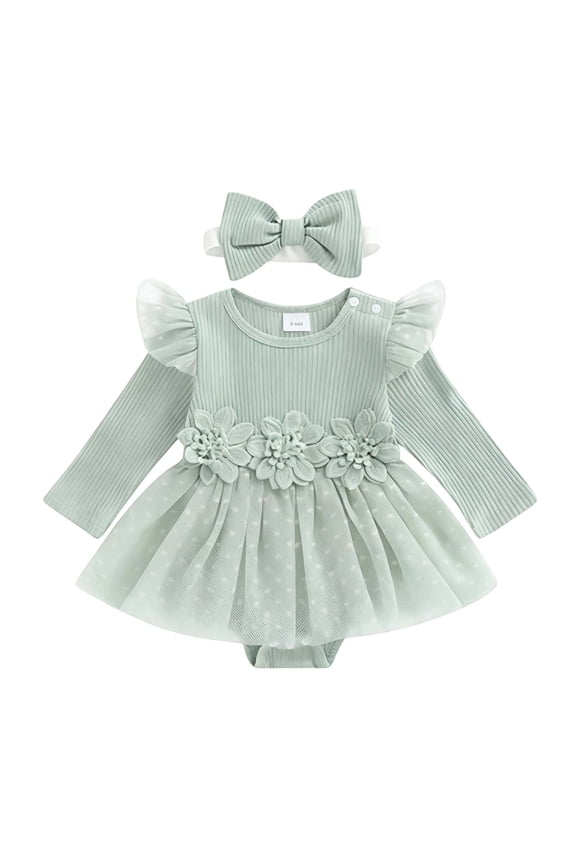 Baby Girls Jumpsuit O-Neck Long Sleeve Lace With Floral Applique Headband And Skirt For Newborn Photoshoot Outfit And Wear Comfort Toddler Kids Bodysuit