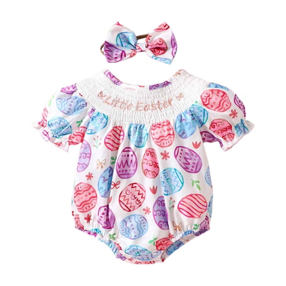 JIAYUE Baby Girls Jumpsuit O-Neck Short Sleeve Easter Cartoon Prints Romper Newborns Headbands Set Comfort Infant Kids Bodysuit