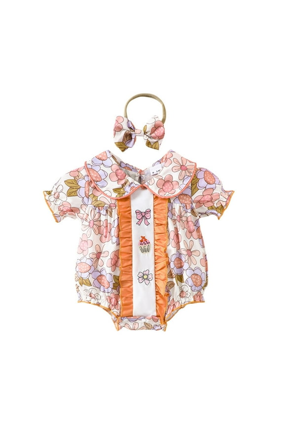 Baby Girls Jumpsuit O-Neck Short Sleeve Floral Prints Romper Headband Ruffles Newborns Clothes Leisure Infant Kids Bodysuit