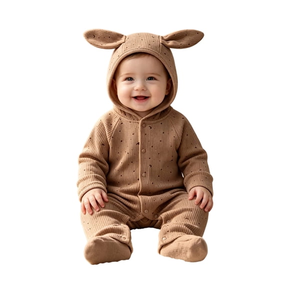 JIAYUE Baby Waffle Ribbed Jumpsuit Long Sleeve Hooded Bunny Ear Dots Print Full Snap Romper for Fall Festival Gathering