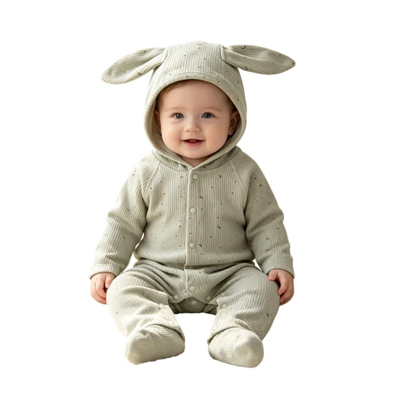 JIAYUE Baby Waffle Ribbed Jumpsuit Long Sleeve Hooded Bunny Ear Dots Print Full Snap Romper for Holiday Party