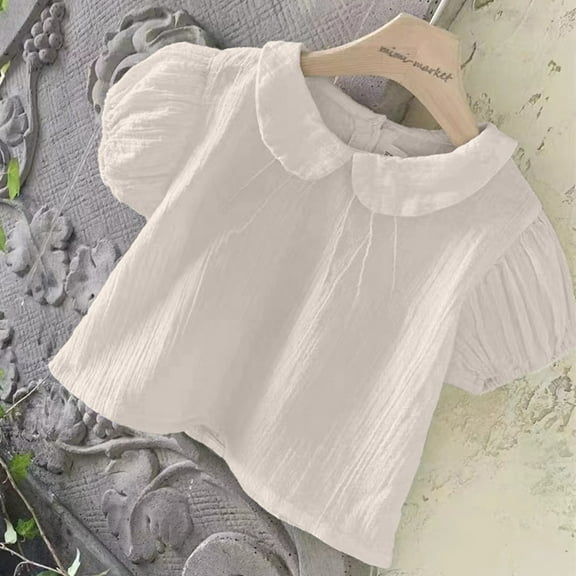 JIAYUE Blouses Tops for Girls Baby Short Sleeve Peter Pan Collar Puff Sleeve Solid Color For Toddler Sweet Summer Wear