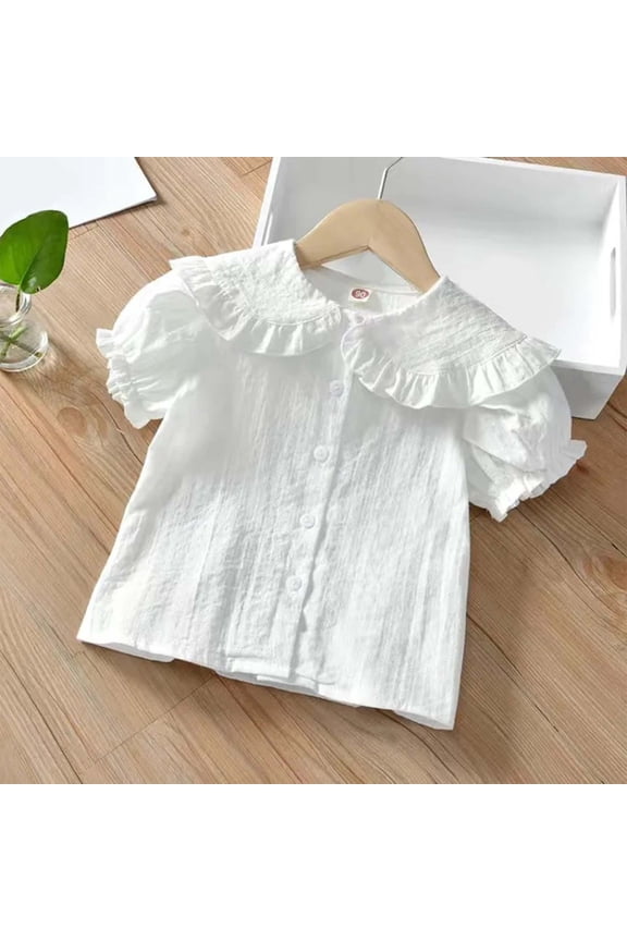Blouses Tops for Girls Peter Pan Collar Short Sleeve Puff Sleeve Cotton Clothes Solid Color For Kids Chic Apparel