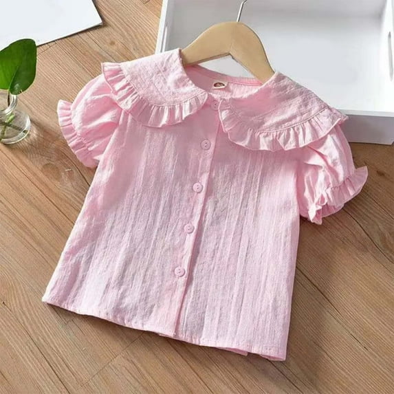 JIAYUE Blouses Tops for Girls Short Sleeve Peter Pan Collar Puff Sleeve Cotton Clothes Solid Color For Kids Casual Fashion Wear