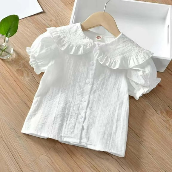 JIAYUE Blouses Tops for Girls Short Sleeve Peter Pan Collar Puff Sleeve Cotton Clothes Solid Color For Kids Casual Fashion Wear