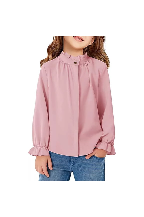Blouses Tops for Girls Stand Collar Ruffle Detail Long Sleeve Solid Color For Kids Versatile Wear