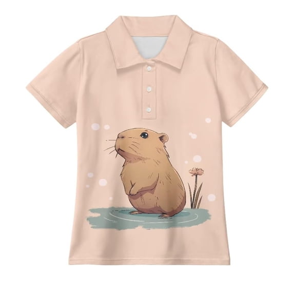 JIAYUE Boy's Child T Shirt Classic Turn Down Collar Capybara Pattern Printed Short Sleeved Summer Casual Shirts Beach Lightweight Fashion Soft Shirts,13-14 Years