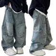 thumbnail image 1 of JIAYUE Boys Cargo Pants Casual Loose Fit Multiple Pockets Solid Color Denim Trousers For Kids Teenager Spring Autumn Floor-Length Comfortable Outdoor Play Children Stylish Jeans, 1 of 7