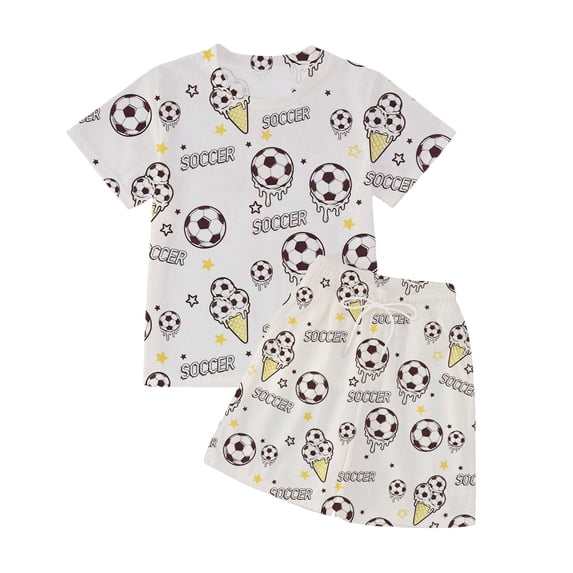 JIAYUE Boys Girls 2 Piece Outfit Sets Football Graphic Print Short Sleeve Round Neck Top And Drawstring Shorts Summer Sportswear Casual Athletic Clothing Set